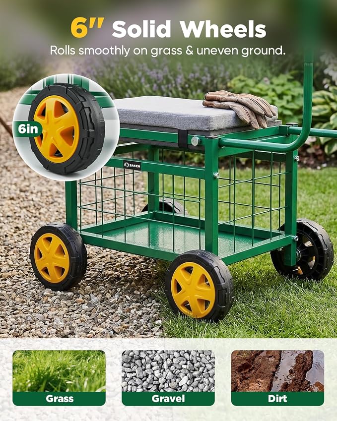 Saker Rolling Garden Cart with Seat & Wheels 15.7" EVA Padded Stool 500lb | Steel Frame,Large Storage Basket, Luxury Version, for Patio, Lawn, Yard – Mobile Workseat with Tool Carrier(Luxury Version)