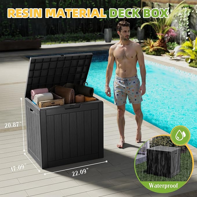 30 Gallon Waterproof Resin Deck Box, UV Resistant Outdoor Storage for Garden, Patio, Porch, Delivery,Striped Black