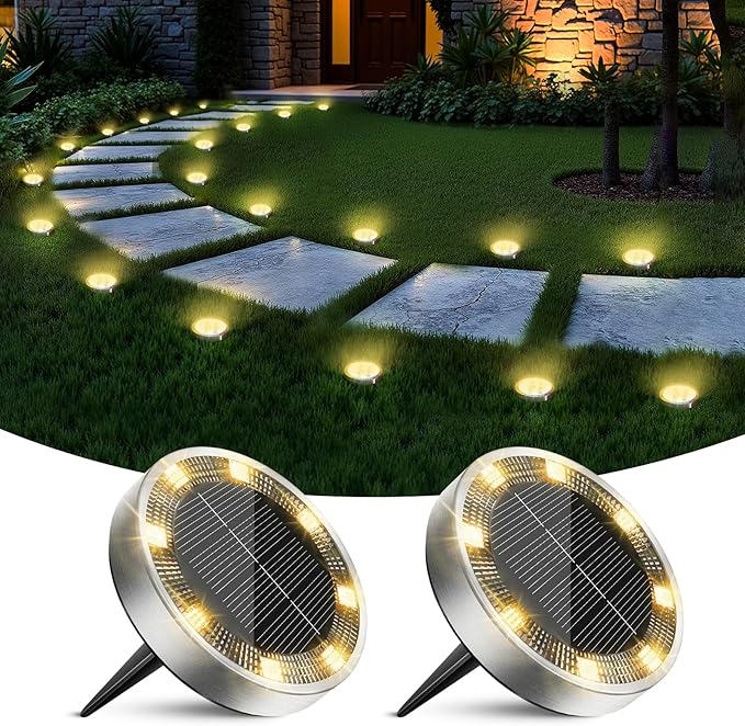 2 Pack Solar Ground Lights Outdoor, 8 LED Mini Flat Solar Disc Lights, IP65 Waterproof Pathway Lights Solar Powered, Landscape Lighting for Garden Walkway Driveway Yard Lawn,Warm White