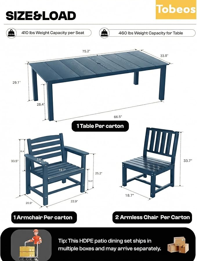 5-Piece Outdoor Dining Set, 10x10FT Cantilever Umbrella for 4,Navy Blue