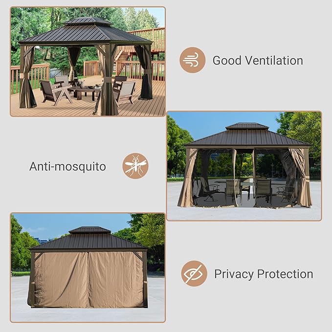 Domi 10’x12’ Hardtop Gazebo with Gutters, Outdoor Metal Gazebo for Patios with Galvanized Steel Double Roof, Heavy Duty Curtains and Netting Included, Pergola for Backyard, Garden Lawn, Deck, Brown