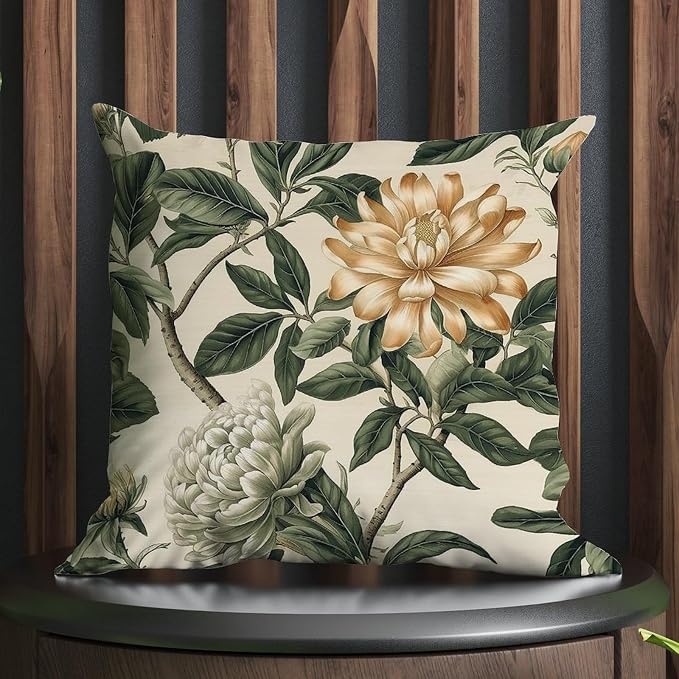 Green and White Chinoiserie Floral Pillow Cover Golden Lotus Flower Pillows 26x26 INAbstract Accent Outdoor Waterproof Decorative Pillow Cover for Patio Couch Bench