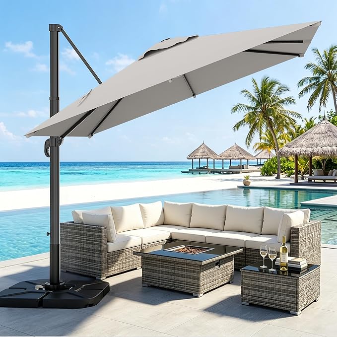 AreShark 9 × 9FT Square Cantilever Patio Umbrella with Base Included, 360° Rotation Offset Outdoor Umbrella, 5 Tilt Settings Heavy Duty Hanging Parasol for Deck Garden Pool, Light Grey