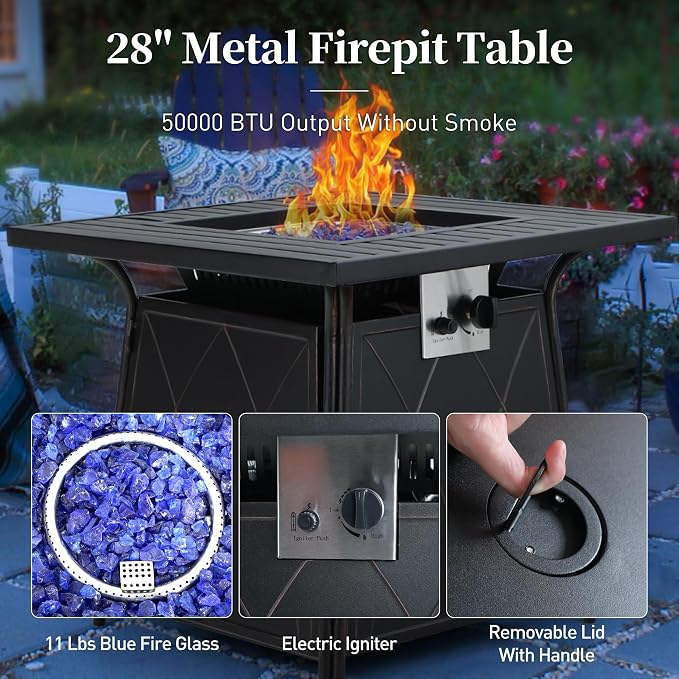 SUNSHINE VALLEY 5 Piece Metal Outdoor Patio Furniture Set with Fire Pit Table, Patio Conversation Sets 4 Swivel Chairs with 5.75" Thick Cushion and 5000 BTU Fire Pit Table, Backyard Furniture, Red