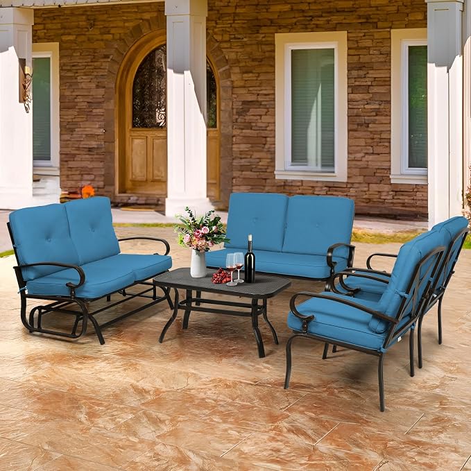Oakcloud 5-Piece Outdoor Metal Furniture Sets Patio Conversation Set Wrought Iron Glider, 2 Single Chairs, Loveseat and Coffee Table, Peacock Blue
