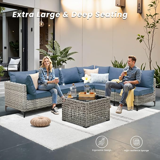Outdoor Patio Furniture Sets,7 PCS Patio Conversation Set Outside Rattan Sectional Sofa with Coffee Table Fit Backyard Porch Garden Poolside Balcony