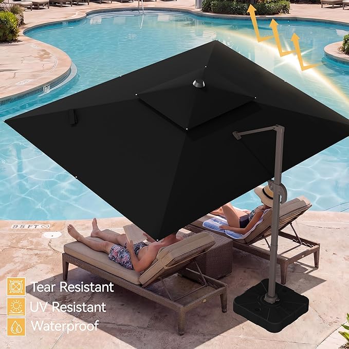 9x12 FT Patio Umbrella, Large Cantilever Rectangular Double Top Heavy Duty Offset Umbrellas with 360° Rotation, Outdoor shade for Garden Deck Pool, Black