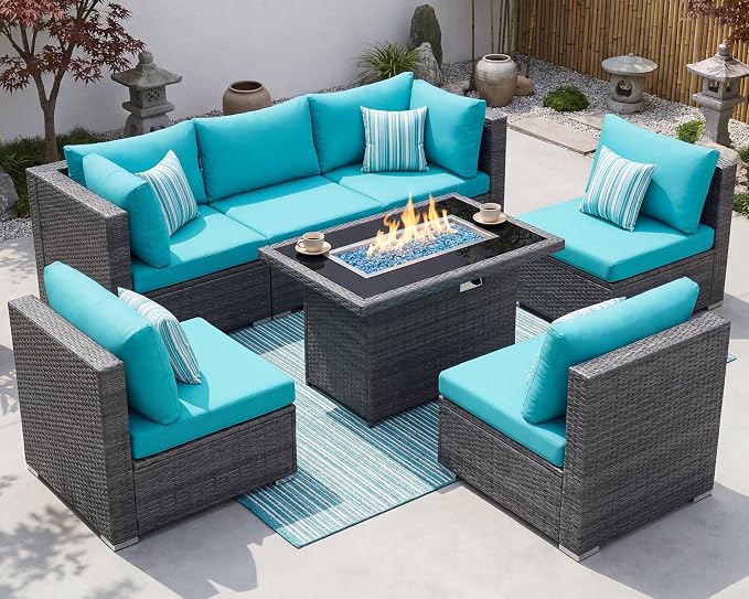 RADIATA 7 Piece Wicker Patio Furniture Set with Fire Pit, All-Weather Outdoor Sectional Couch High Back Large Size, Modular Backyard Seating Sofa Set with Propane/Natural Gas Firepit Table, Grey&Teal