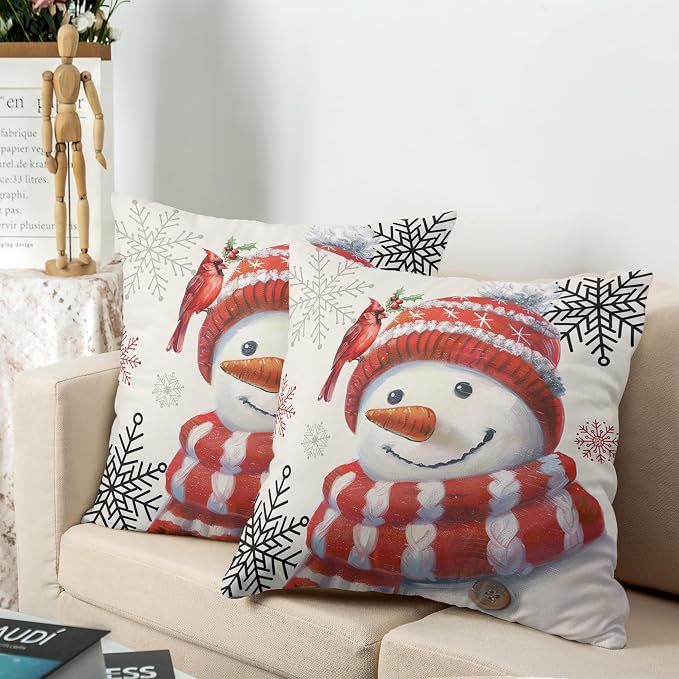 Christmas Snowman Pillow Covers 22x22 Set of 2 Winter Holiday Throw Pillow Covers for Living Room Bedroom Sofa Red Snowman with Cardinal Bird Snowflake Cushion Case