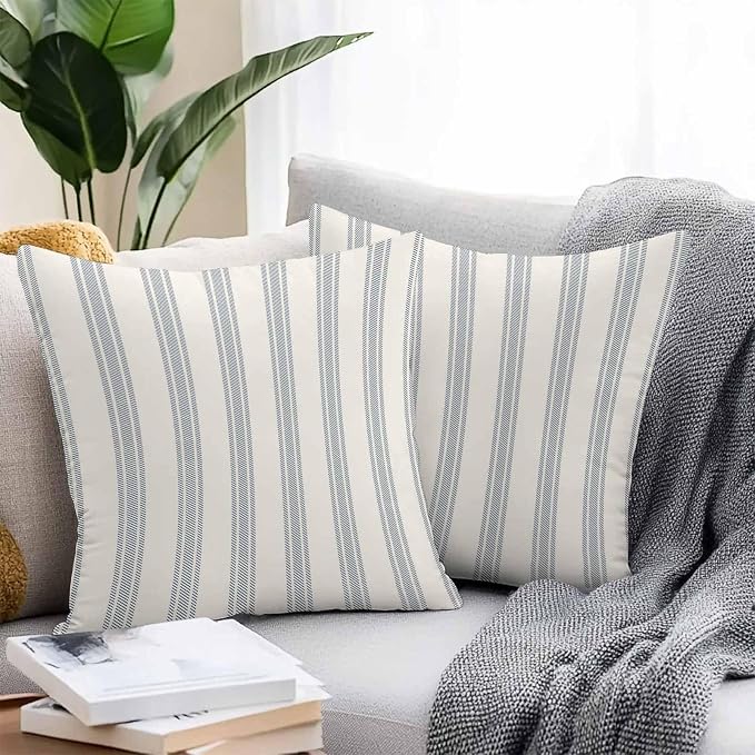 Throw Pillow Covers 16x16 Inch Set of 2, Blue Striped Waterproof Outdoor Cushion Covers, Modern Stripes Farmhouse Decorative Pillowcases for Couch, Sofa, Bed, Garden, Patio