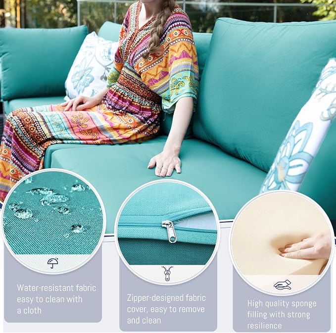 BULEXYARD 11 Piece High Back Outdoor Patio Set with Firepit, Extra Large Backyard Furniture Sectional Couch 10-Seater Modular, XL Big Wide Deep Outside Seating Area for Exterior, Grey & Turquoise