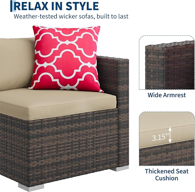 5-Piece Outdoor Sectional Sofa Set, All-Weather PE Rattan Patio Furniture with Ottoman & Tempered Glass Table, Convertible Garden Couch for Backyard, Porch, Poolside (Brown/Khaki)