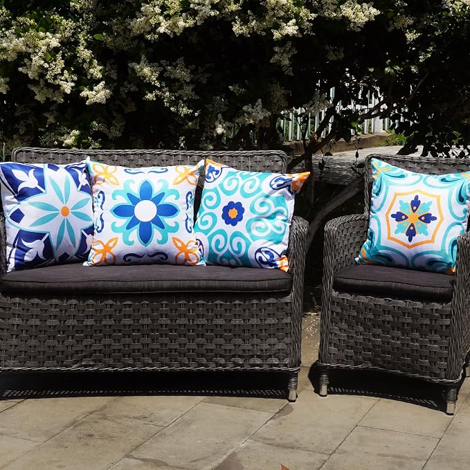 ONWAY Outdoor Boho Pillow Covers Waterproof 20x20 Set of 4 Floral Farmhouse Decorative Outdoor Throw Pillows for Bench Couch Patio Furniture Decorations