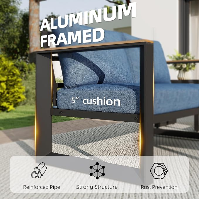 Aluminum Patio Furniture Set with Swivel Chairs, 7-Piece Modern Patio Conversation Sets with Water-Resistant Cushions, Blue