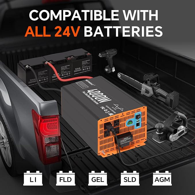 4000W Pure Sine Wave Inverter,24V DC to 120V AC Car Power Inverter 8000W Peak with 4 AC Outlets, 3.0A USB and Type-C, LCD Display 16.5 ft Remote Control for RV Truck Travel Solar Emergency