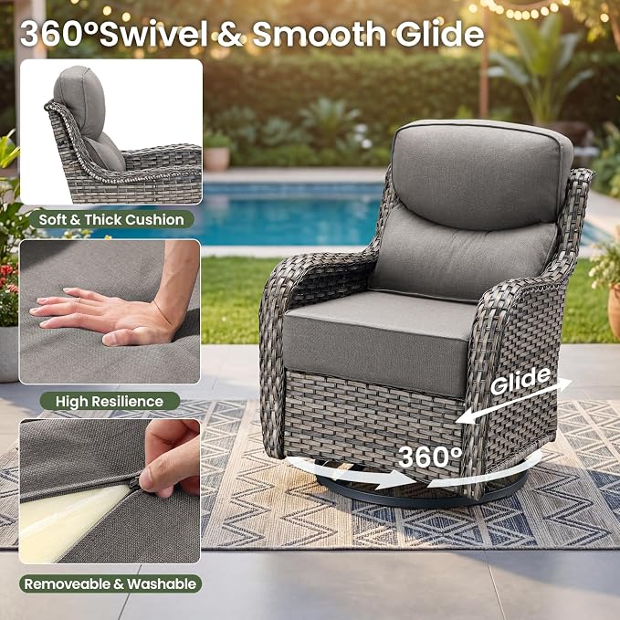 Luxury Patio Furniture Set with 6-inch Thick Cushion, Outdoor Furniture with Fire Pit Table, Swivel Chairs, Sofa, 4pcs Wicker Conversation Set for Deck Yard and Poolside(Grey Wicker/Grey Cushion)
