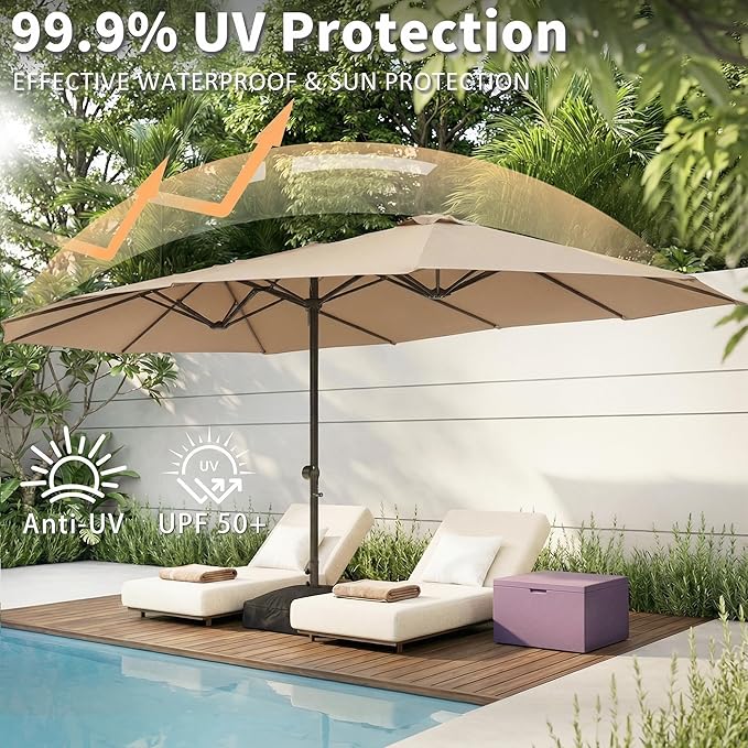 15FT Large Double Sided Patio Umbrella, Aluminum Crank and Heavy Duty Carbon Steel Ribs Outdoor Umbrellas, Fade Resistant Rectangular Market Umbrella for Pool, Deck, Commercial, Backyard, Patio, Rental, BBQ, Beige