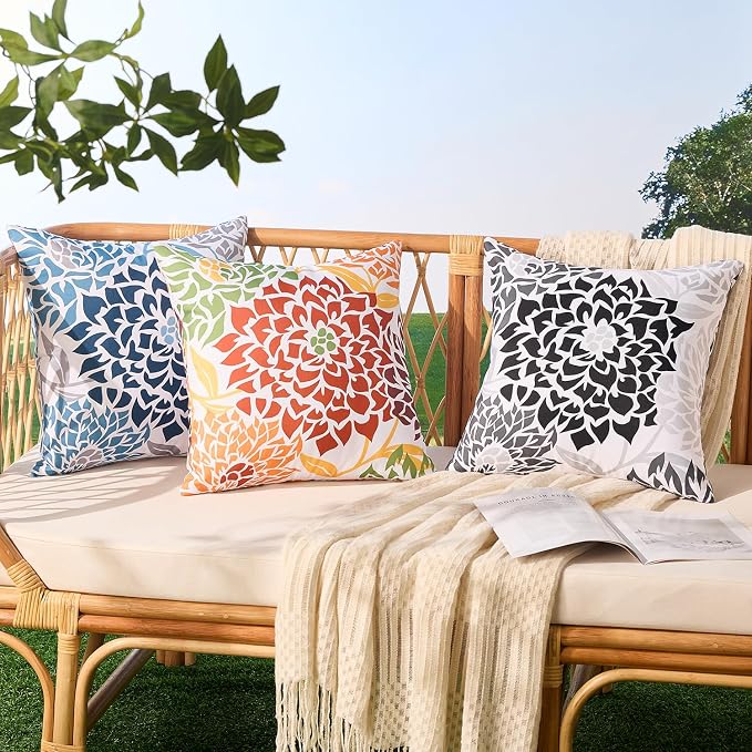 Allorry Outdoor Pillow Covers 18x18 Set of 2 Black Gray Flower Pattern Decoration Throw Pillow Covers for Spring Summer Outdoor Waterproof Furniture Garden Patio Sofa Bedroom Home Decor JB011-B18