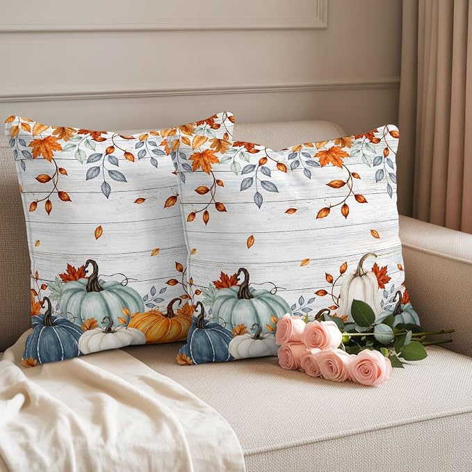 Fall Waterproof Outdoor Pillow Covers 26''x26'' Set of 2, Thanksgiving Maple Leaf Branch Vintage Wooden Patio Cushion Covers for Chairs,Decorative Blue Green Pumpkin Pillow Cases for Garden/Pool/Beach