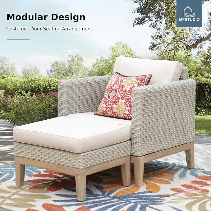 MFSTUDIO Wicker Patio Furniture Set, All Weather Rattan Outdoor Conversation Set with 2 Ottomans, 5 Pieces Patio Sectional Modular Sofa Couch Set with Wood Coffee Table, Beige Cushions