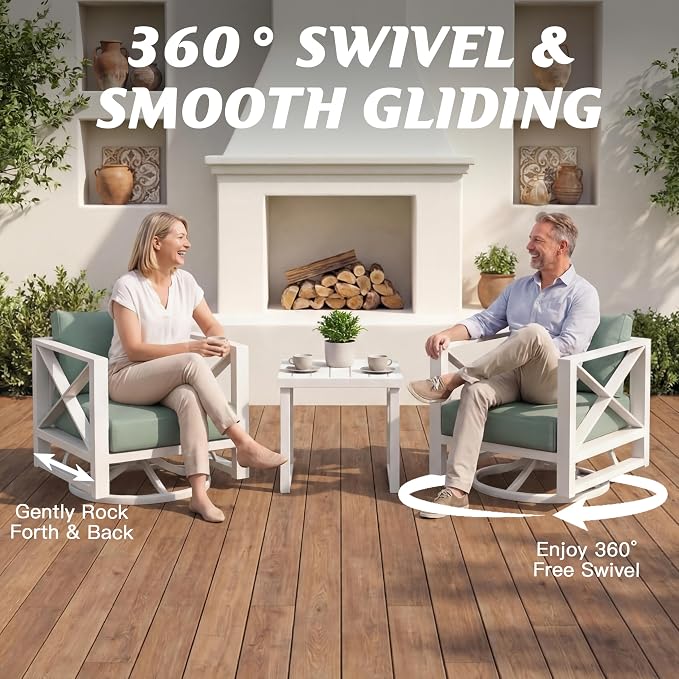 Aluminum Outdoor Patio Furniture Set with Swivel Chairs, 11-Piece Outdoor Sectional with 5.2" Thick Cushions, Patio Conversation Sets with Ottomans for Backyard,(White,8 Seats)