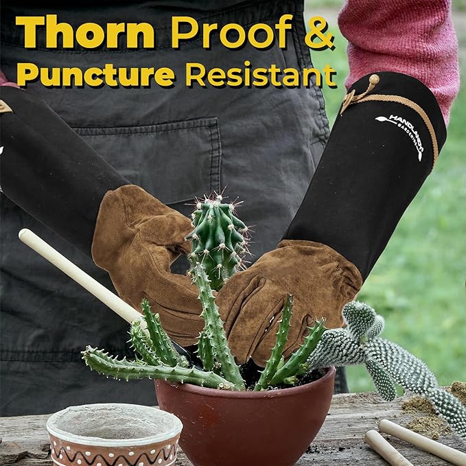 HANDLANDY Rose Pruning Gloves for Men Women, Thorn Proof Gardening Gloves | Long Leather Gardening Gloves, Breathable Leather Gauntlet, Best Garden Gifts & Tools for Gardener (Coffee Brown, XL)