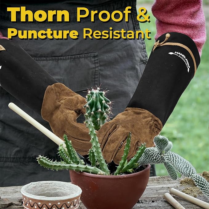 HANDLANDY Long Gardening Gloves for Men & Women, Pigskin Leather Rose Pruning Gloves, Breathable Thorn Proof Gauntlet Glove (Coffee Brown, L)