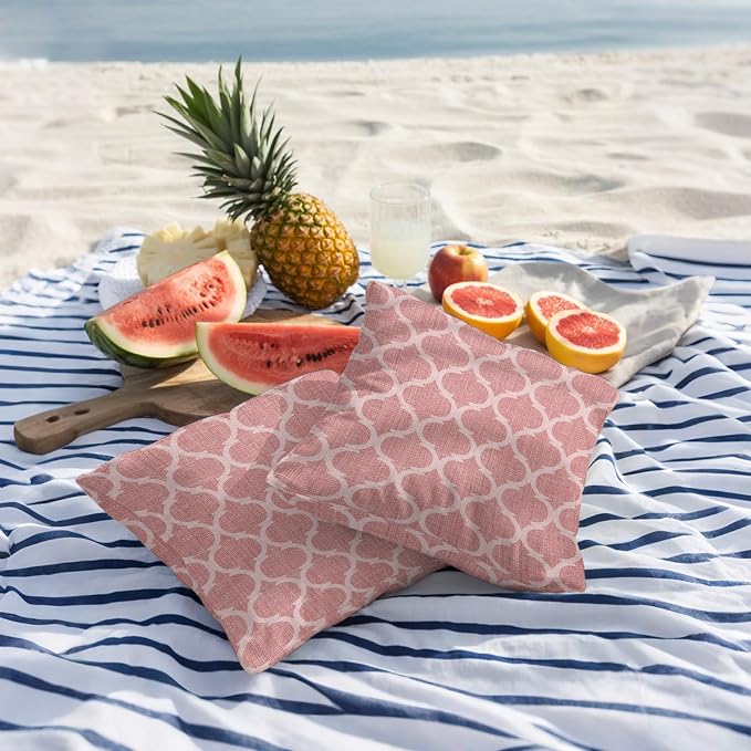 Coral Pink Morocco Outdoor Pillow Covers 20x20 Inch Throw Pillow Covers Set of 2 Waterproof Decorative Pillow Cases Vintage Geometric Plaid Mahbudium Cushion Covers for Patio Furniture Garden Couch
