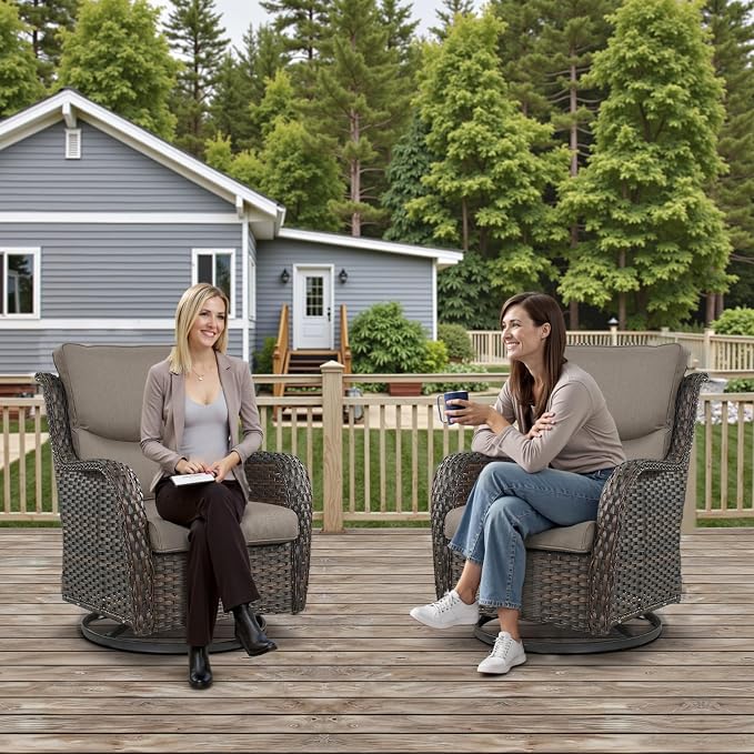 Outdoor Swivel Rocker Patio Chairs Set of 4 with Side Table - 5" Thick Cushion 6 Piece Furniture Set All Weather Comfortable Wicker Conversation Set for Porch Poolside and Deck - Brown/Gray