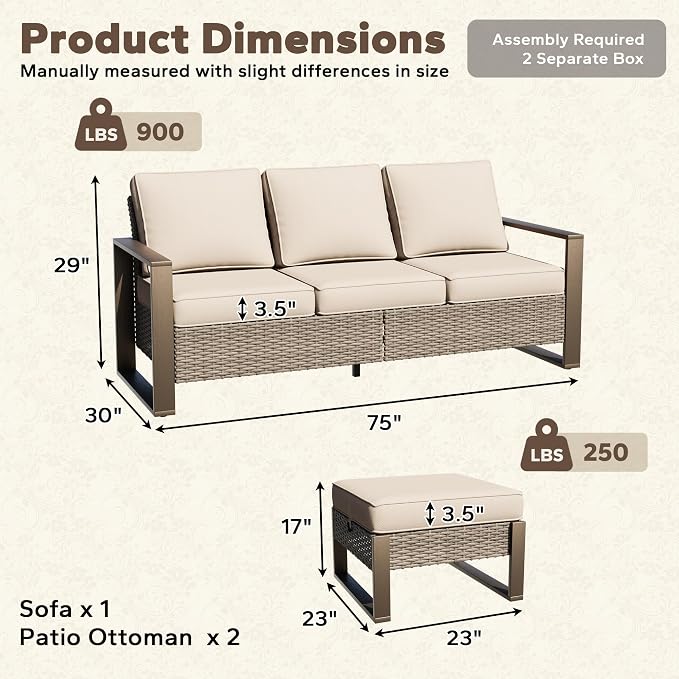Wicker Patio 75" Sofa Set with Two Ottomans, All Weather Rattan Outdoor Conversation Furniture Set with Wood-Looking Metal Armrest for Deck Backyard Porch, Beige
