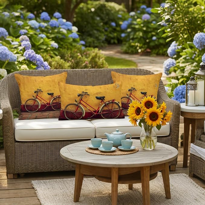 Bicycles Outdoor Pillow Covers 20x12 Inch Lumbar Pillow Covers Set of 2 Waterproof Decorative Throw Pillow Cases Farmhouse Vintage Vehicle Yellow Broken Walls Cushion Covers for Patio Furniture Garden