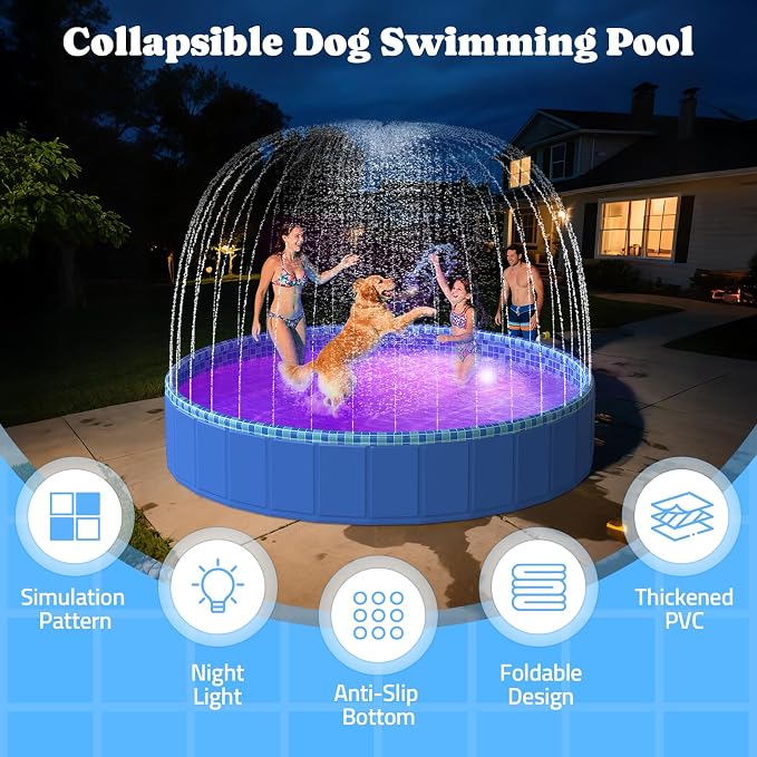 Foldable Dog Pool with Sprinkler RGB LED Light, 79" Collapsible Hard Plastic Kiddie Swimming Splash Pool for Small Medium Large Doggie Kitty Puppy, Pet Bathing Tub Wading Pool for Dogs Blue