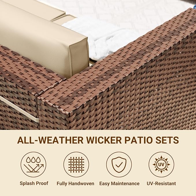 Patio Furniture Set, Modular 7-Piece Patio Conversation Sets with Coffee Table, All-Weather Wicker Outdoor Sectional for Backyard and Balcony, Beige (Waterproof Covers Included)