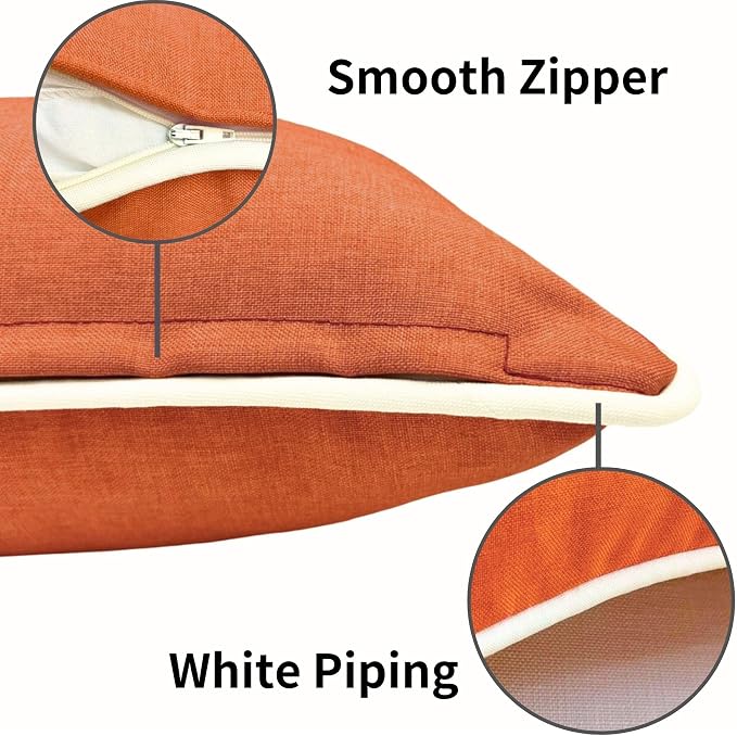 HER HWA Outdoor Throw Pillow Covers White Piping 18"x18" Set of 2, Orange | durable fade-resistant water-resistant 100% polyester white piping smooth zipper machine washable for indoor outdoor décor