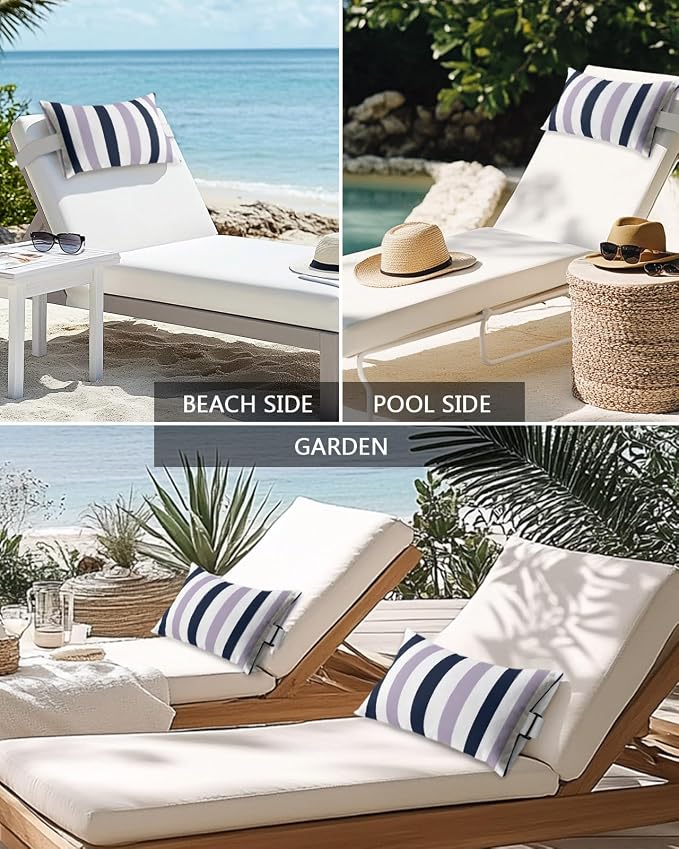 Outdoor Pillows Waterproof Covers Set of 2, Navy Blue Purple Stripes Adjustable Elastic Chaise Lounge Headrest Pillow Covers, Contrast Striped Lumbar Pillow for Pool Patio Furniture 20x12 Inch