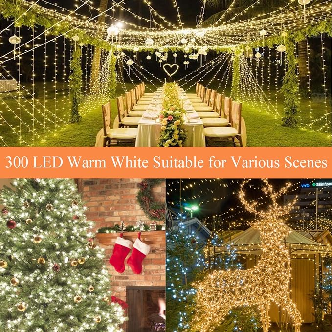 115FT 300LED Warm White Christmas String Fairy Lights Indoor/Outdoor, Waterproof with 8 Modes, Clear Wire Plug in Twinkle Light for Outside Garden Bedroom Christmas Tree Decorations
