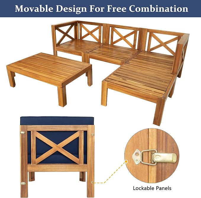 5-Piece Outdoor Backyard Patio Set, Acacia Wood Sectional Sofa Seating Group Set with Tea Table and Cushions, Conversation Furniture Set for Garden Backyard Poolside (Natural Finish+ Blue Cushions 2)