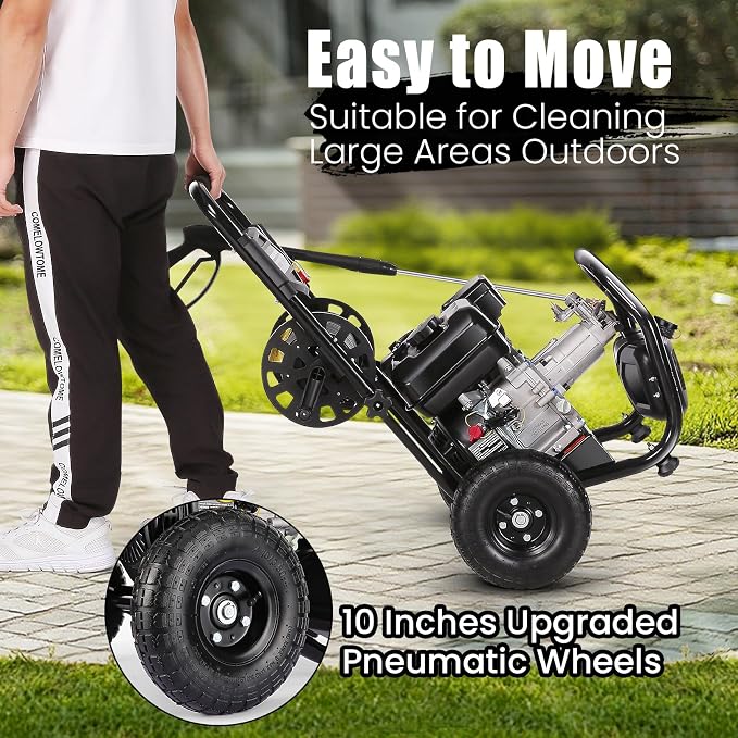 Professional 4200PSI 4GPM 212CC Gas Pressure Washer, 7.0HP Heavy-Duty 3600RPM Commercial Gas Power Washer with 10" Wheels 3000ML Foam Bottle 5 Nozzles 33FT Hose Reel (EPA/CARB/ETL Compliant), Black