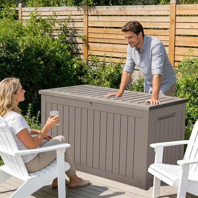 230 Gallon Outdoor Deck Boxes, IP68 Waterproof Outdoor Storage Box with Hydraulic Lid Support, Outside Resin Container for Furniture, Toy, Shoe, Garden & Patio Tools Storage -Brown