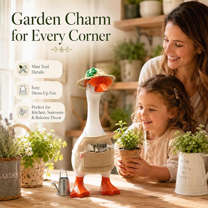 2 Sets Career Desk Goose Outfits, Gardener&Handyman Costume Accessories for 7 Inch Mini Porch Goose Statue, Tools Watering Can Work Apron Set, Dress-Up Clothes for Small Geese Figurine Home Desk Décor