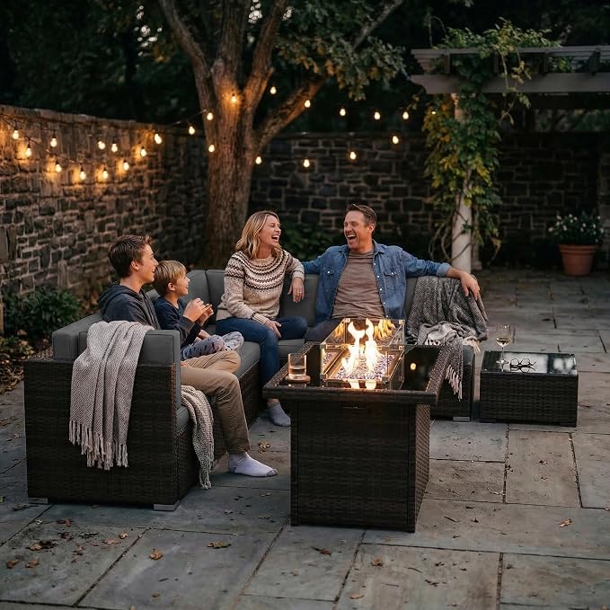 10 Pieces Patio Furniture Set with 44" Propane Gas Fire Pit Table, Outdoor Sectional Brown Rattan Wicker Conversation Sofa Sets with Coffee Table
