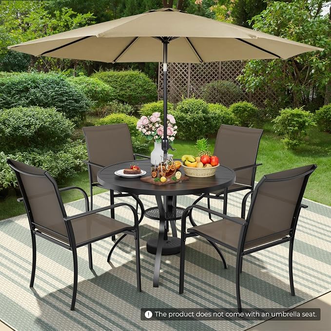 Incbruce 6 PCS Patio Dining Set with Brown Umbrella, Outdoor Dining Set of 4 Textilene Chairs and 41" Round Table with Umbrella Hole for Backyard, Garden, and Poolside (Brown)