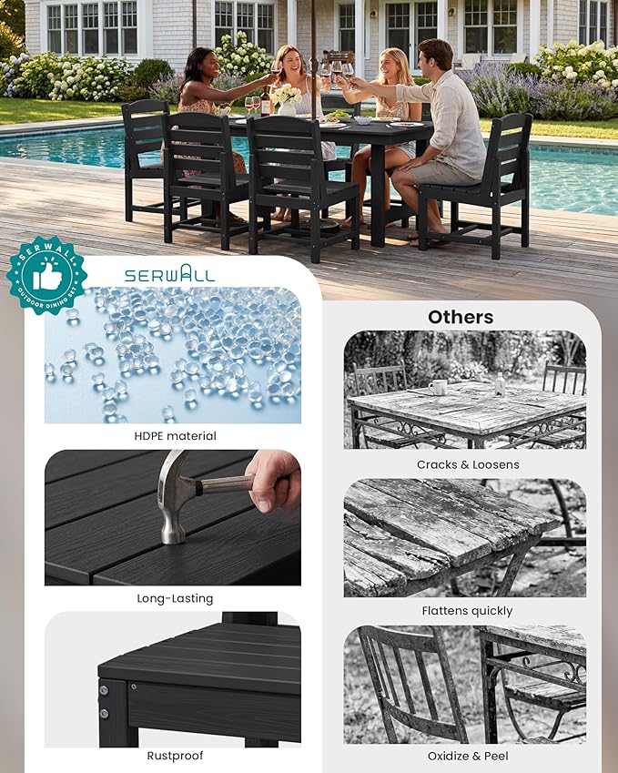 SERWALL Armless Outdoor Dining Chair Set of 2, All Weather Resistant, Black | Armless Dining Chairs built to last with 330 lb capacity. Compact 24.6"Dx19.3"Wx33.6"H. Weatherproof & easy to clean.