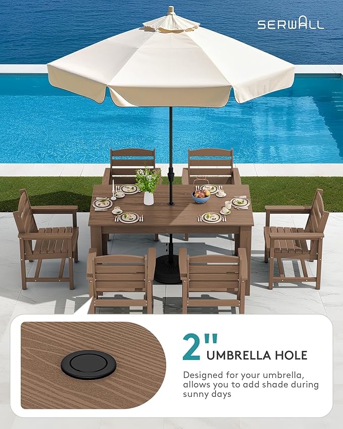 SERWALL Patio Dining Sets for 8, Outdoor Dining Sets for 8 Person with 2 Umbrella Hole Cut-Out Rectangular Tables and 8 Chairs, HDPE Dining Sets for Garden, Backyard, Poolside, Brown