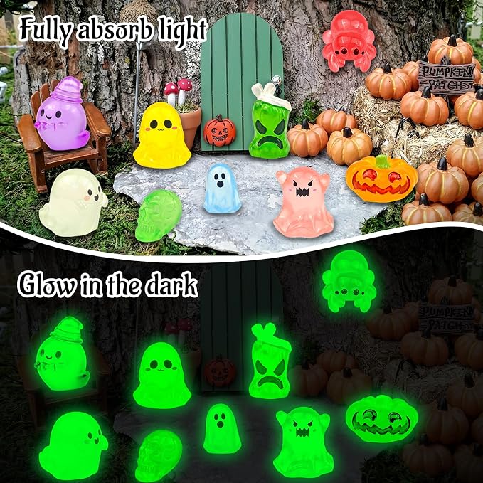 60 Pcs Halloween Luminous Mini Resin Figures Ghost Miniature Figurines | Glow in the Dark, Tiny Little Plastic Pumpkin Spider Skull Figures for Crafts Micro Landscape Fairy Garden Party Decor