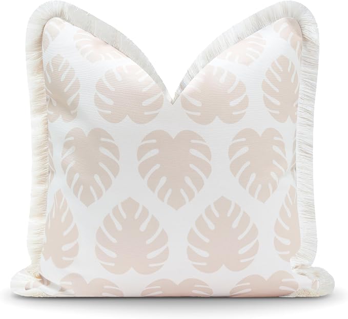 Hofdeco Premium Fall Coastal Patio Indoor Outdoor Pillow Cover Only, 20"x20" Water Repellent for Backyard, Couch, Neutral Tan Monstera Leaf Fringe