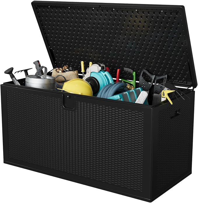 150 Gallon Large Outdoor Storage Box - Waterproof Resin Deck Box with Lockable Lid & Gas Struts, All-Weather Patio Storage Bench for Cushions, Pool Toys, Garden Tools, Rattan Texture, Black