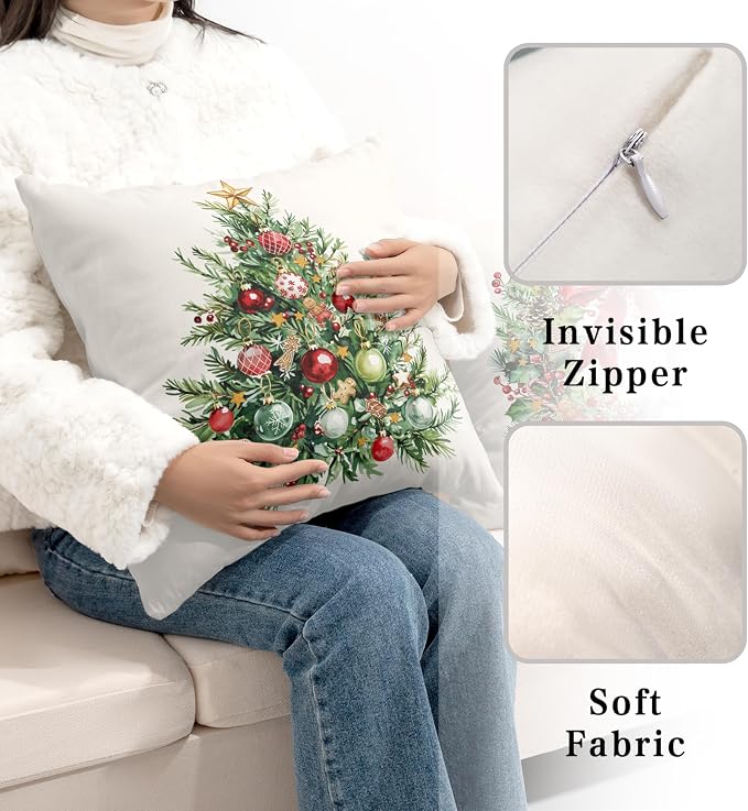 Set of 2 Christmas Tree Pillow Covers Xmas Wreath Throw Pillow Covers Red and Green Decorative Pillow Case 24x24 Winter Holiday Cushion Case for Home Decor Couch Sofa