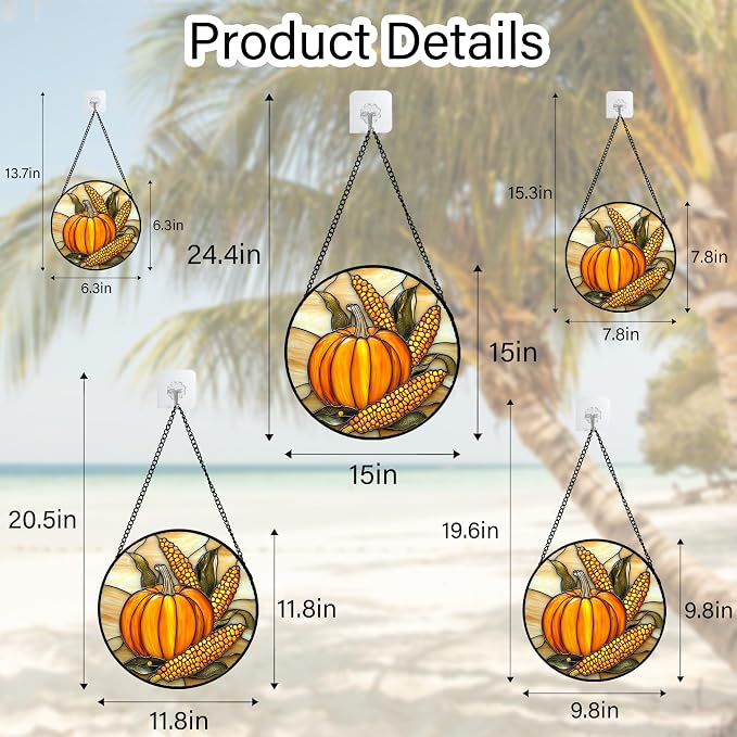 DASTOLL Stained Glass Window Hanging Autumn Harvest Pumpkin Corn 6.3" - Suncatcher Door Garden Kitchen Sunroom Sun Catcher Fall Home Decor Birthday for Mom Grandma Men Woman