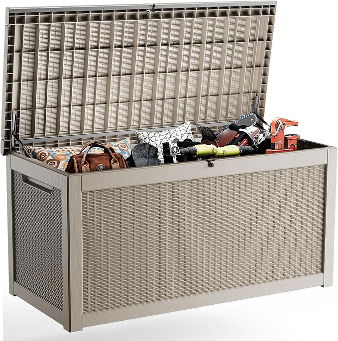 ROJIK Outdoor Storage Housing Deck Box,Waterproof Patio Furniture, Garden Tools, Cushions, Pool Accessories Storage Bench with Lockable Lid and Side Handles (Grey,320 Gallon)